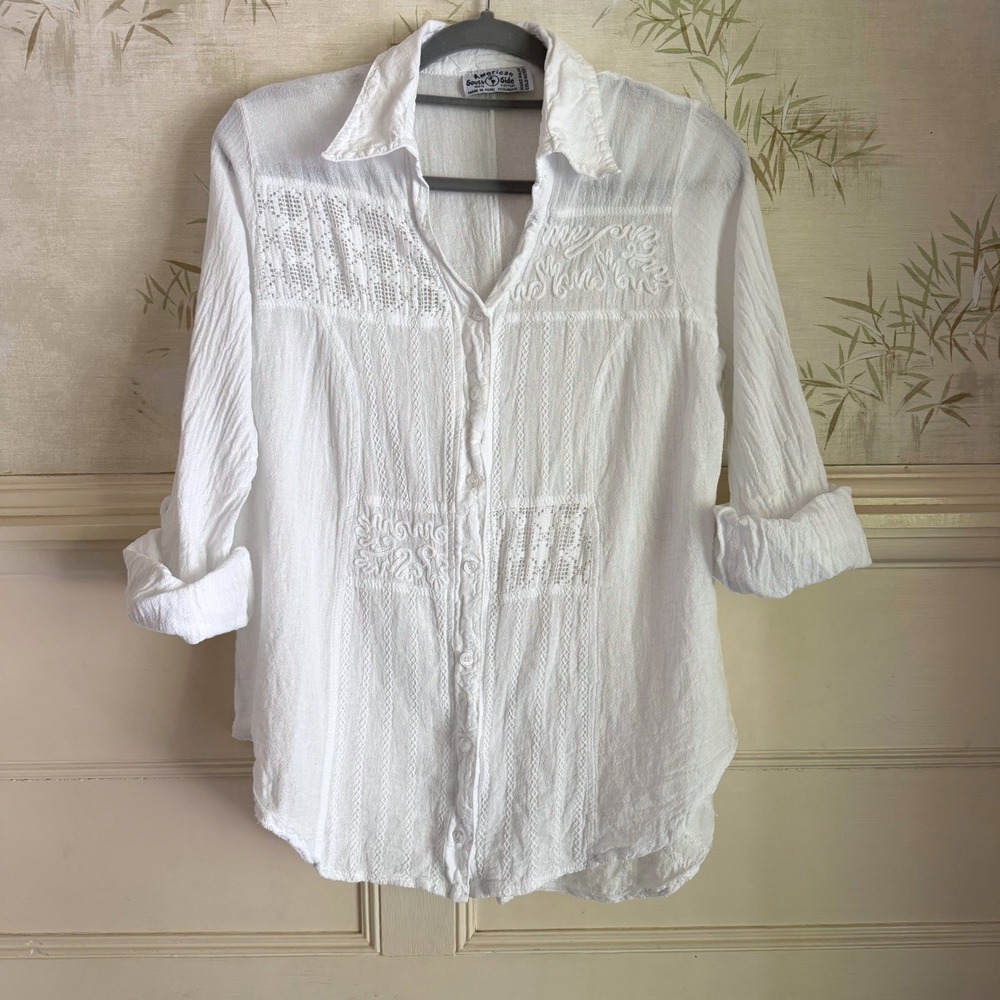 American South Side White Cotton Embroidered Lace Boho Button Down Shirt BlouseM